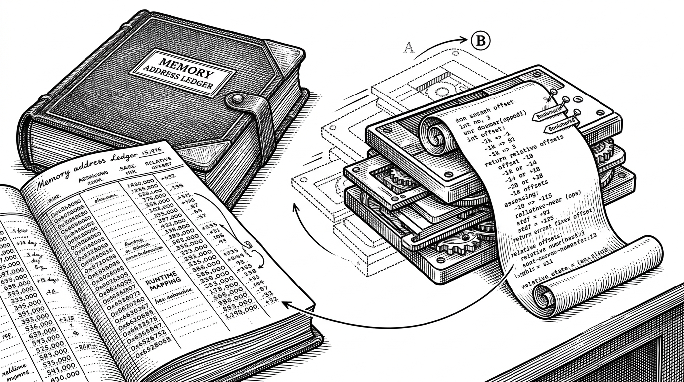 A close editorial scene of a memory address ledger on a workbench. A module block shifts position like a sliding brick, while labels, comments, and bookmarks are written on a compressed JSON scroll using relative offsets. An arrow shows those offsets being rehydrated into absolute addresses at runtime. The image explains how x64dbg keeps analysis notes valid across ASLR.
