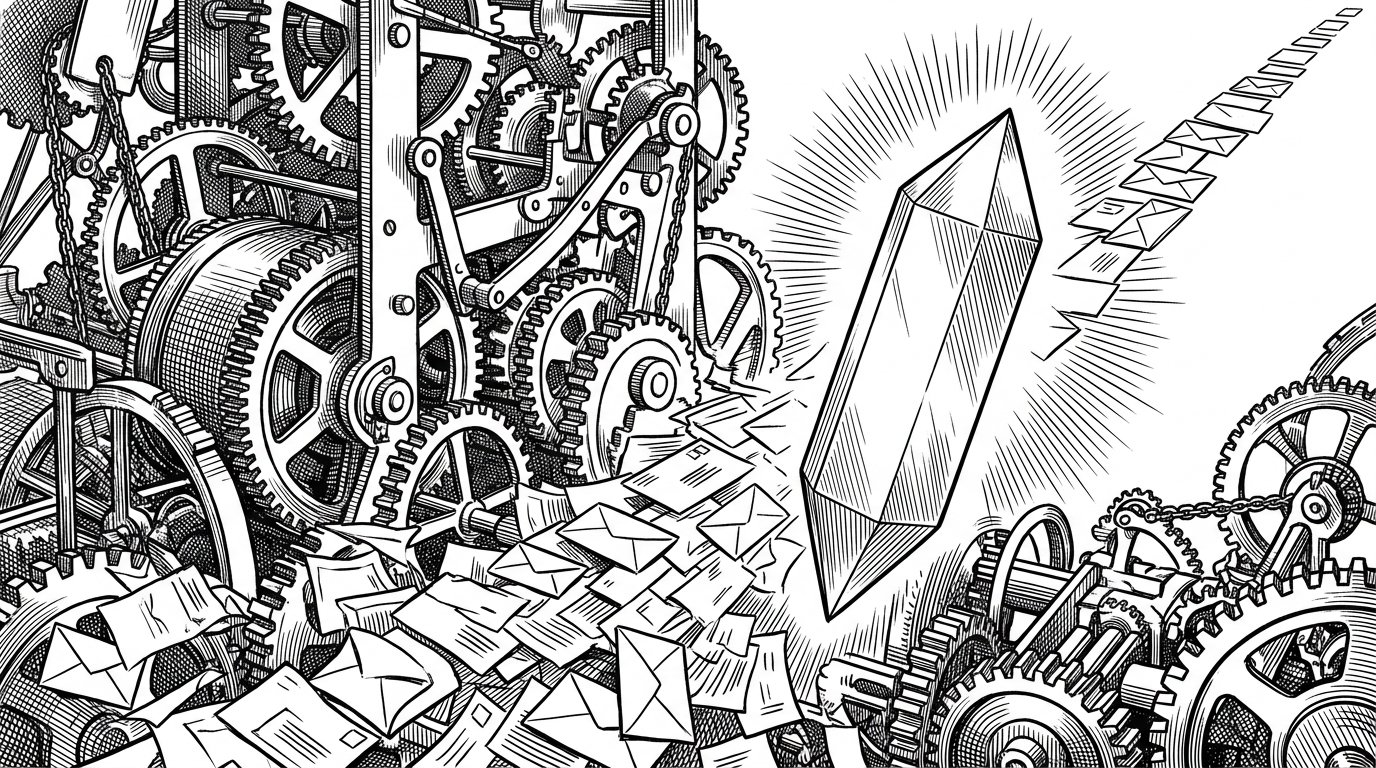 A massive, intricate clockwork machine representing the old feature factory being bypassed by a single monolithic crystal representing the Transformer. The crystal emits a clean light that organizes a chaotic storm of envelopes into a single straight line.