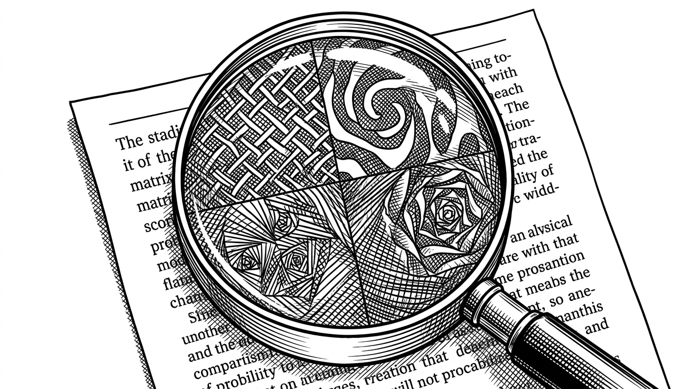 A close-up of a magnifying glass lens hovering over a simple text document. Through the lens, the text fractures into a spectrum of distinct colors, each representing a different predicted action probability.