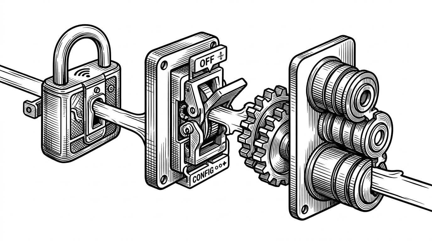 Three mechanical gates sit in a row like relays or locks. The first gate is labeled with network discovery, the second with systemd and config edits, and the third with three-pass onboarding. Each gate opens only after the previous one is complete. The image explains that the script choreographs state changes instead of dumping commands on the user.
