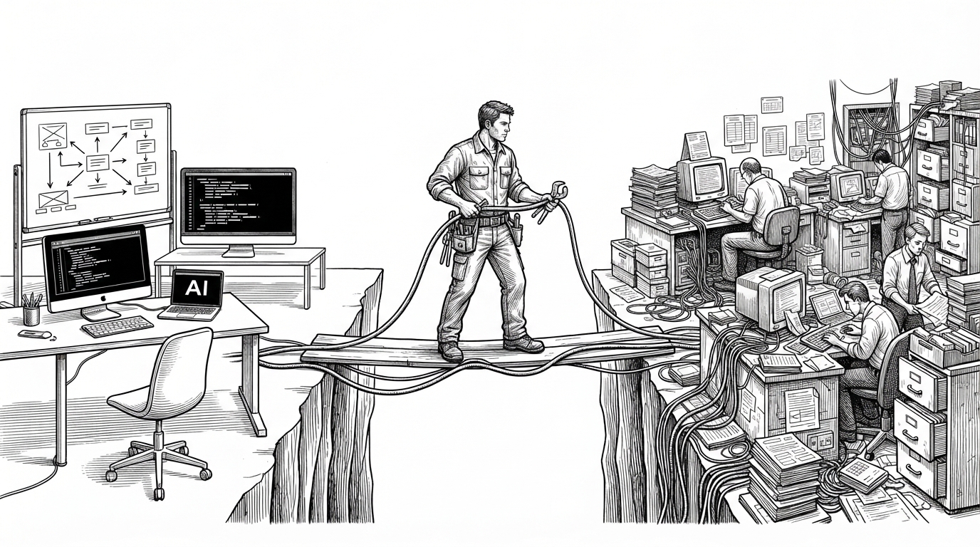 A forward-deployed engineer stands between two different workplaces. One side is a clean product team space with neat code, a whiteboard, and a polished AI interface. The other side is a cramped enterprise operations floor with paper forms, old terminals, tangled cables, and stressed staff. The image explains that the job is to <span class=