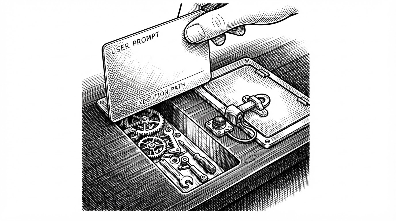 A close-up view of a hidden trapdoor beneath a user prompt, with one narrow path leading to a tiny controlled tool set and a larger path sealed shut behind a latch. A small signal lamp changes state to indicate that promotion can occur after the anchor turn. The image explains how the preset establishes the session trajectory before the user's real task arrives.