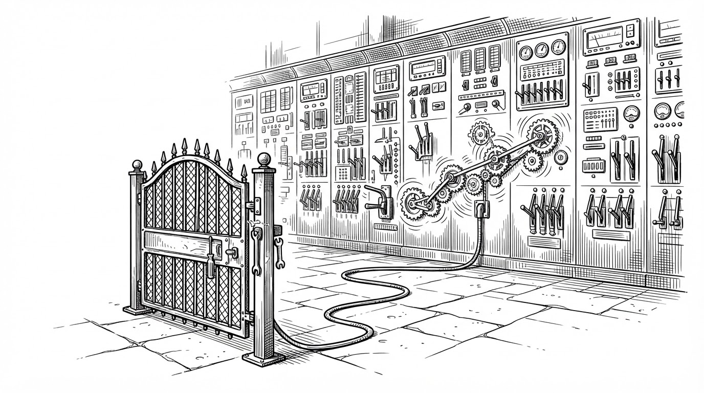 A wide machine room with a small locked gate labeled minimal tools in the foreground and a much larger control wall behind it. A single relay line connects the gate to the wall, showing that one early switch changes which capability set comes online later. The illustration explains the repo's core idea: constraint first, power later.