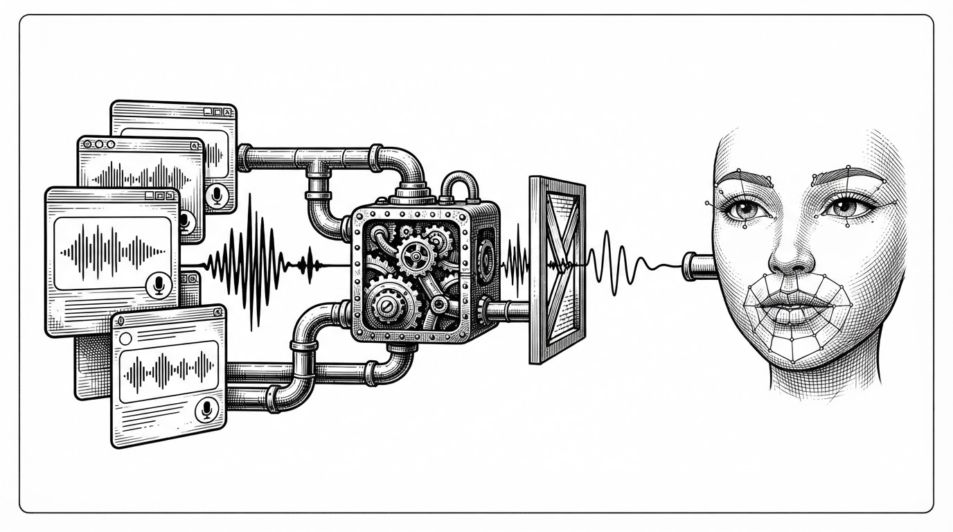 A close-up technical scene shows stacked source apps on the left, a native helper process in the middle, an audio gate filtering pulses, and a VRM mouth grid on the right. The image explains how Persona turns loopback audio into speaking motion through capture, filtering, and animation.