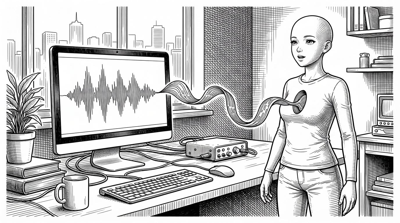 A desktop monitor emits a thin stream of sound into a small control box, which routes the signal into a standing VRM avatar beside the screen. The scene explains how Persona turns audio output into visible presence instead of leaving voice AI trapped in headphones and windows.