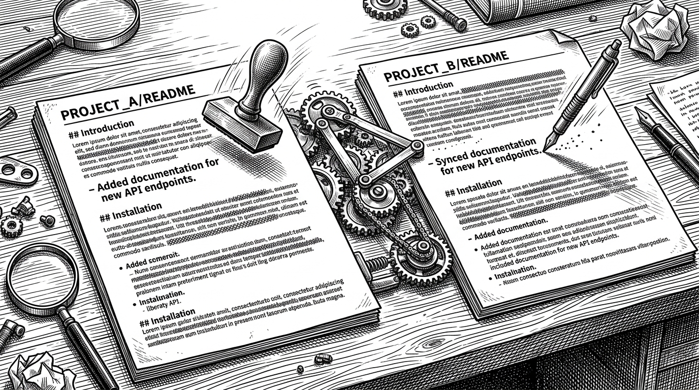 A close-up desk scene shows two open README pages side by side, linked by a small mechanical gear train. When one page receives a new entry, the linkage forces the other page to update in lockstep. It illustrates how the repository treats bilingual parity as a hard constraint rather than a manual reminder.