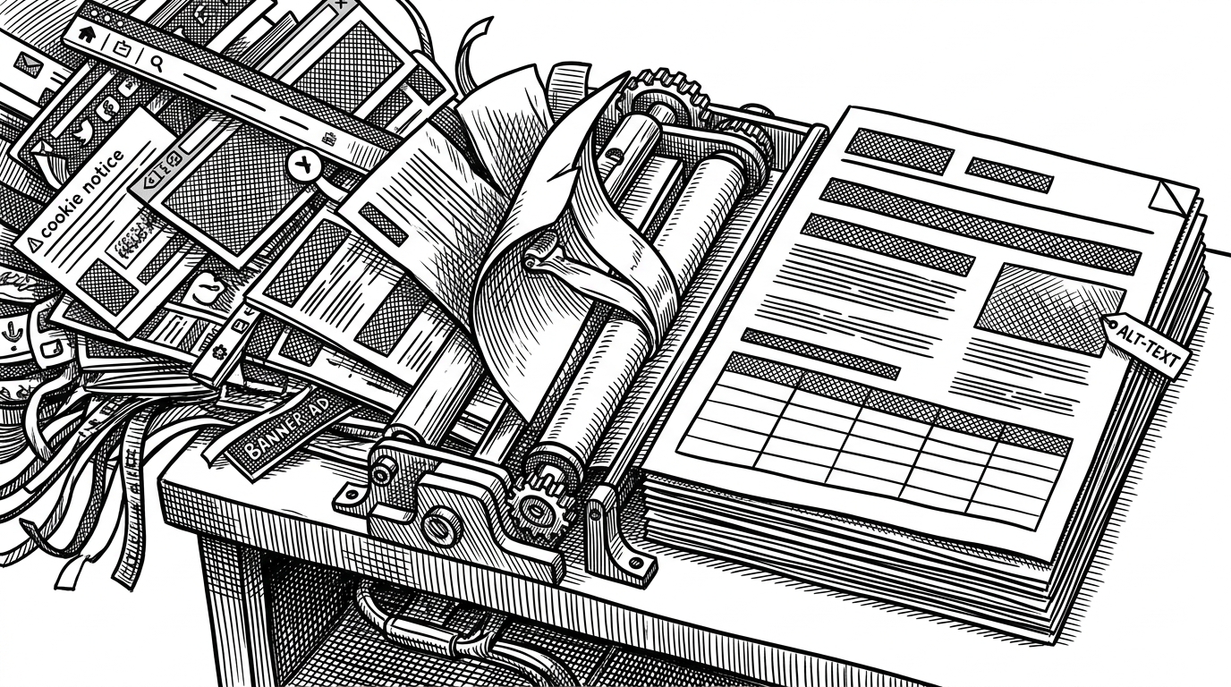 A close-up workshop scene shows a cluttered DOM tree entering a formatter bench and emerging as a clean document. Navigation bars, sidebars, and chrome are peeled away like packaging, while tables, image alt text, headings, and readable paragraphs survive the transformation. It explains that the formatter preserves semantic structure instead of merely stripping tags.