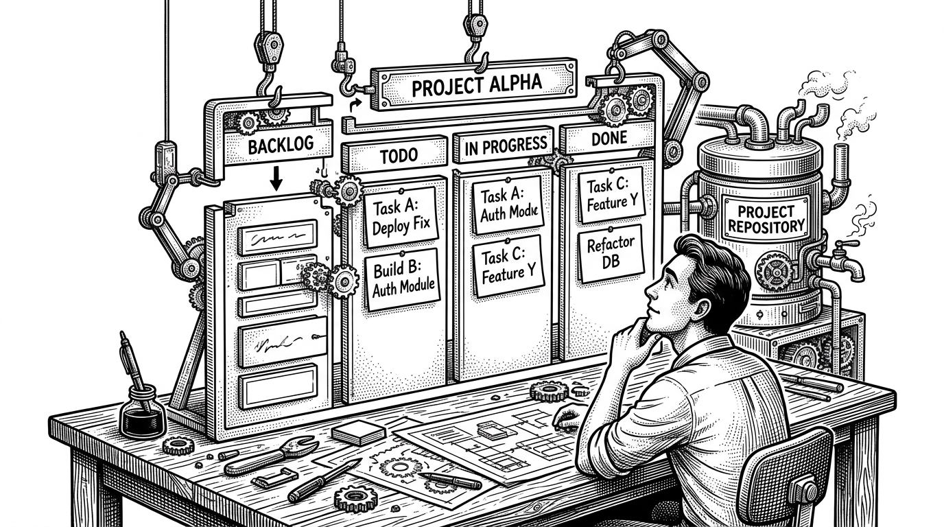 A wide editorial scene shows a desk, a user, and a Kanban board assembling itself from fitted parts. A database cylinder sits behind the board while an auth mechanism drops in the first board and columns, suggesting that signup also provisions the workspace. The image explains that onboarding is not a blank screen, but a ready-made system.
