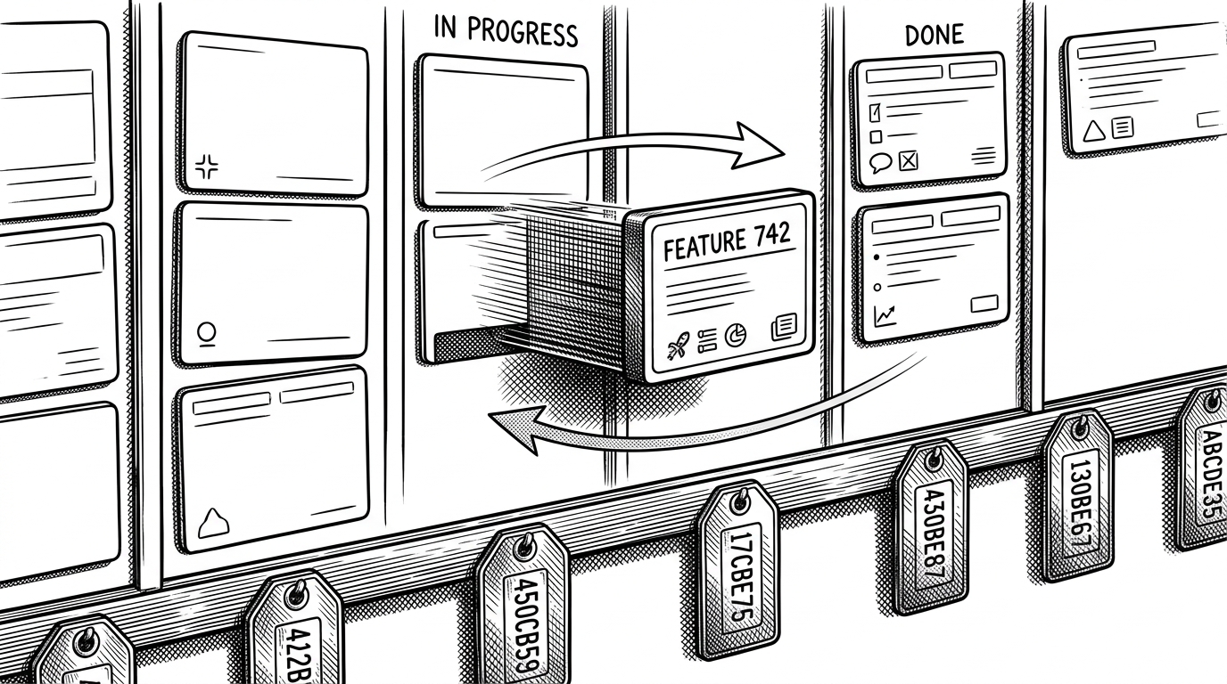 A close-up shows one application card sliding between two Kanban columns. Stamped order tags sit below the cards with wide gaps between them, and a thin arrow shows the instant client-side move on top of a second arrow that represents the server reconciliation pass. The image explains why the UI can feel immediate while the database stays consistent.