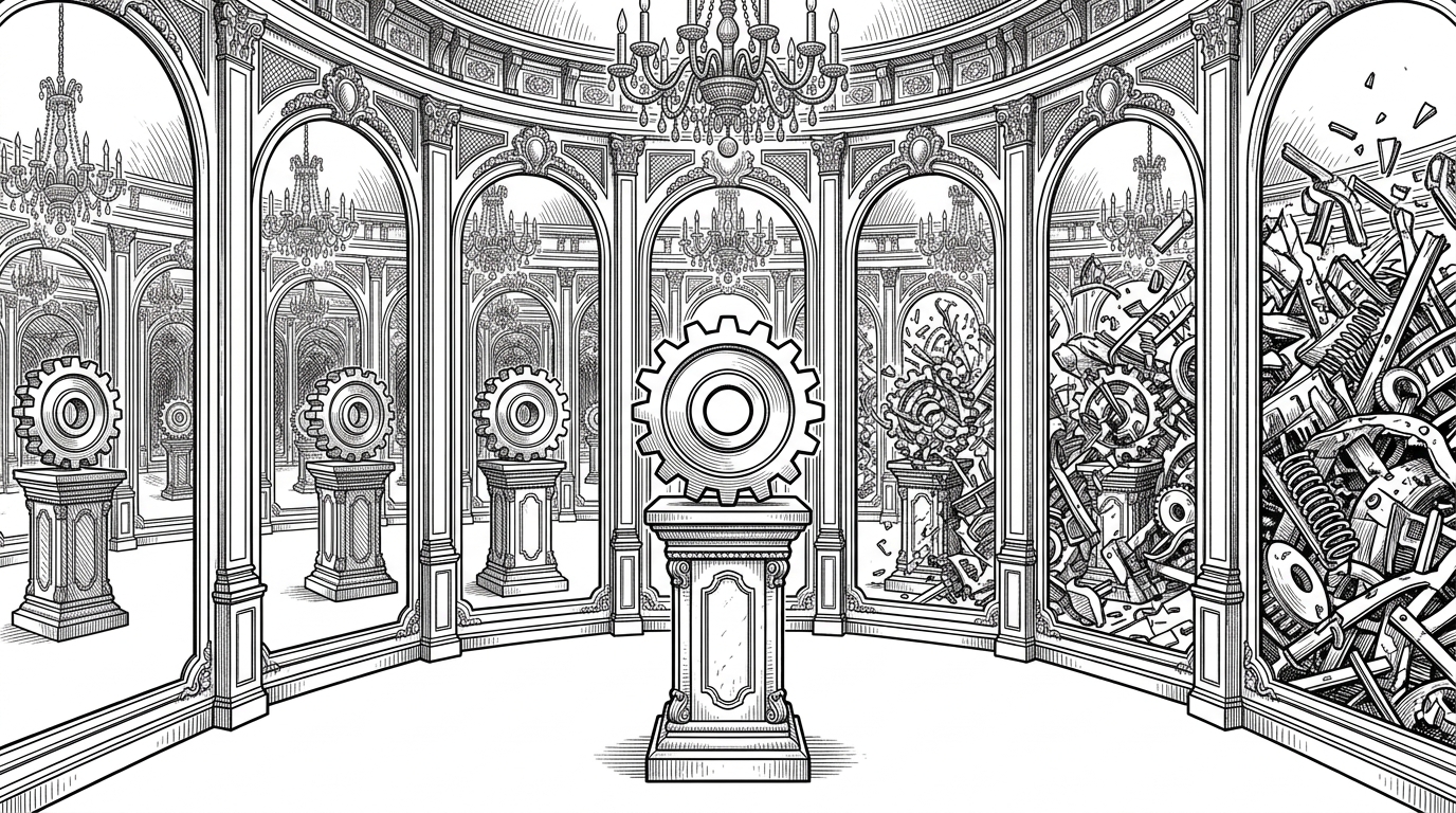 A single pristine gear sits in the center of a hall of mirrors, its reflections becoming increasingly distorted and tangled in the background. This represents the echo chamber problem of unconstrained multi-agent systems.