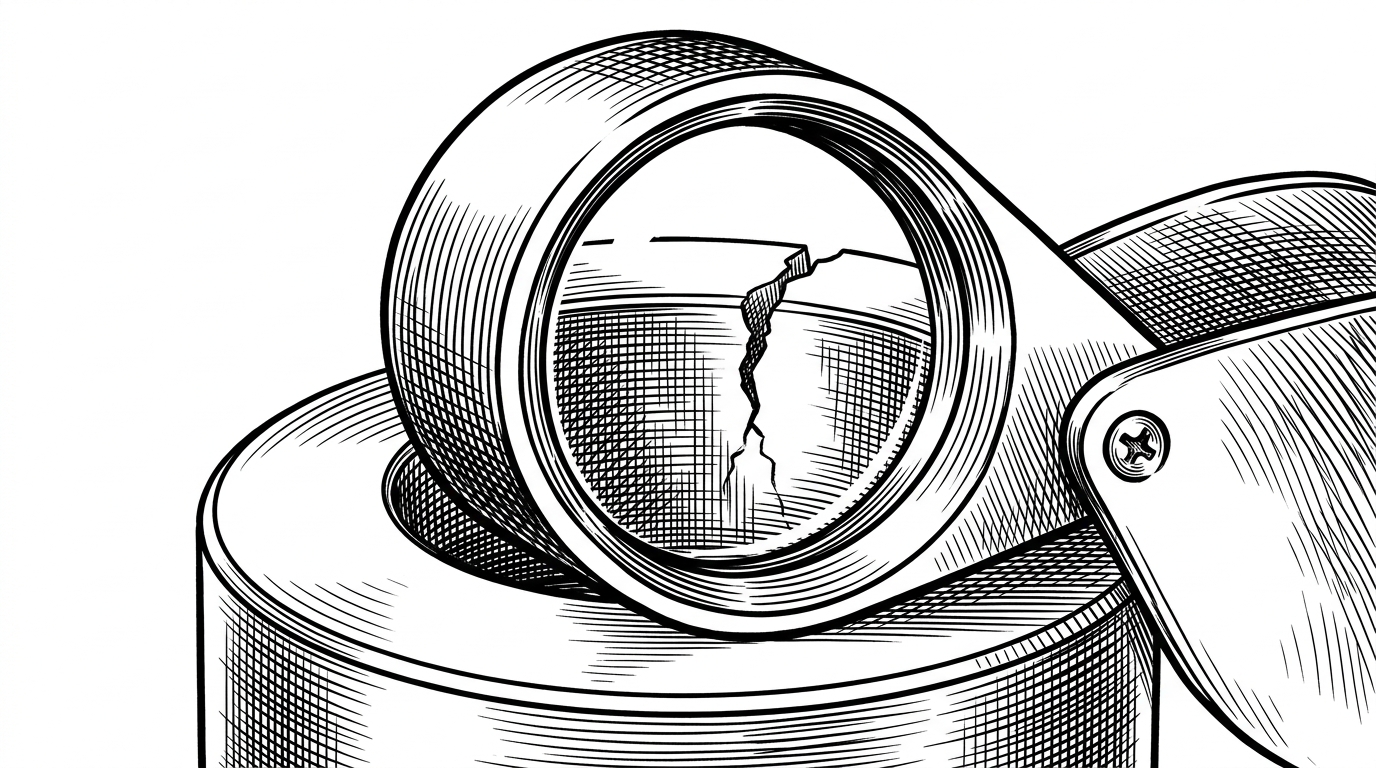 An extreme close-up of a heavy jeweler's loupe resting on a perfectly machined metal cylinder. Inside the lens, a severe jagged hairline stress fracture is visible.