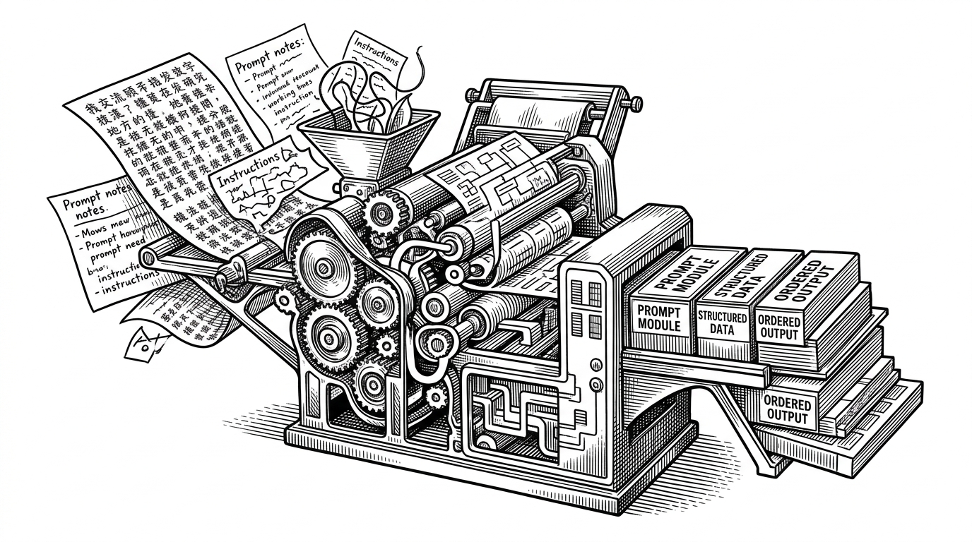 A wide editorial scene shows loose handwritten prompt notes being fed into a printing-press-like compiler. On the other side, neatly boxed prompt modules emerge in ordered stacks, each with a stamped label and strict structure. The image explains the article's central idea: prompts become managed artifacts when treated like software.