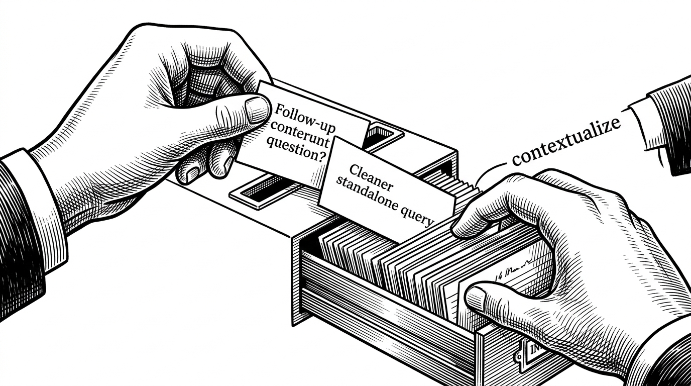 A close-up mechanical scene showing a handwritten follow-up question passing through a contextualization slot before entering a retrieval drawer. The image explains that the system rewrites chat turns into standalone questions before searching the index, which reduces ambiguity in conversational retrieval.
