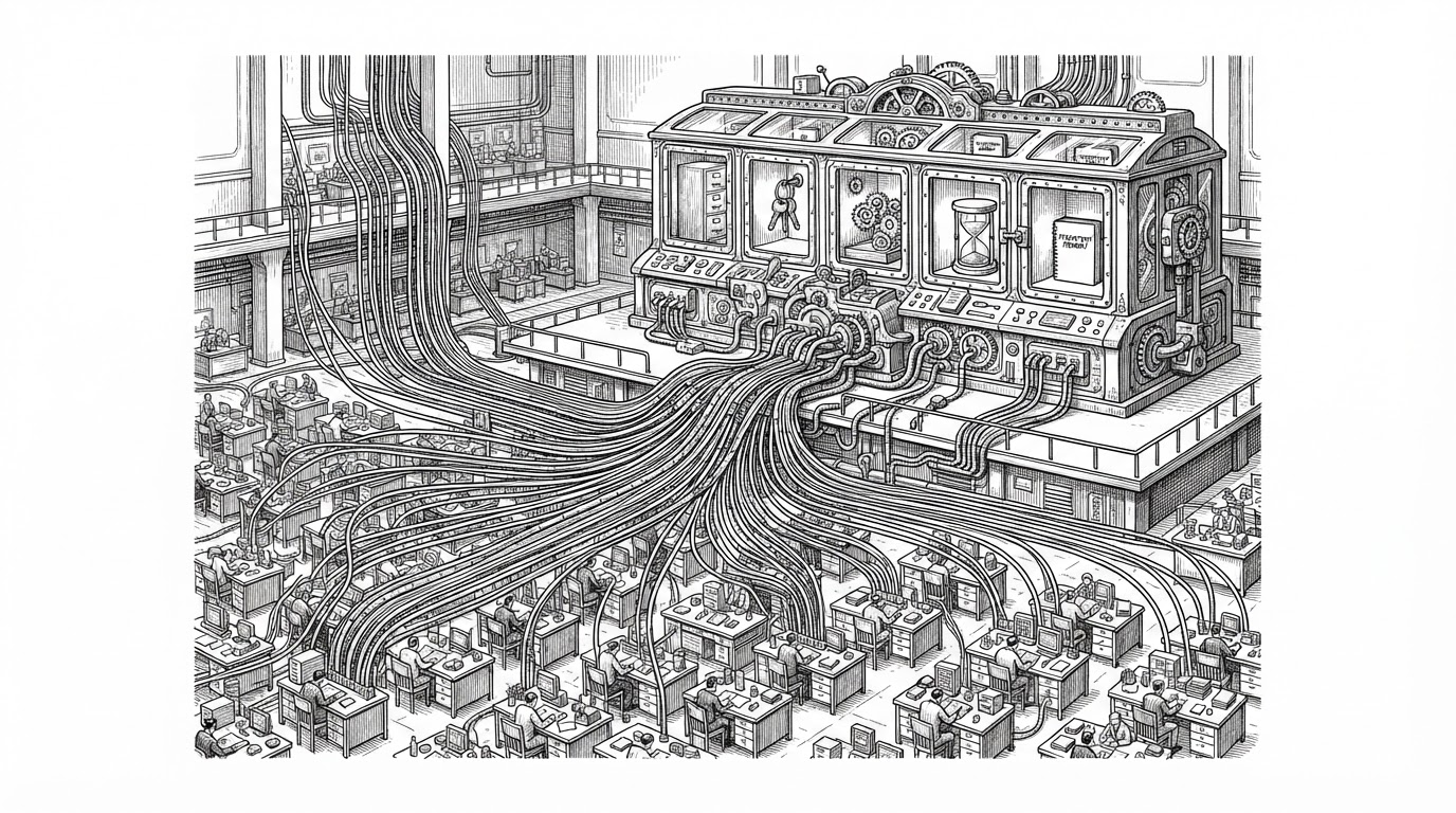 A wide editorial scene of a company floor feeding into a central control console. Many desks, Slack-like message streams, and small workrooms converge into one orchestrator, while separate sealed compartments inside the console hold their own files, keys, and execution state. The image explains QM as shared infrastructure for many scoped agents, not one universal bot.