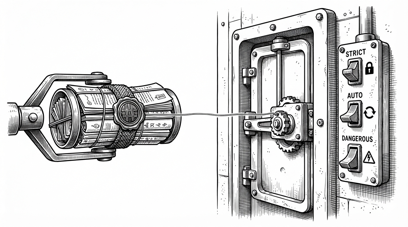 A close-up of a deployment capsule being sealed before entering a guarded sandbox gate. A compact bundle of scripts and descriptors is locked by a hash seal on one side, while a gate on the other side has three posture switches labeled Strict, Auto, and Dangerous. A thin wire links the seal to the lock, explaining how signed capability packages enter the runtime under policy.