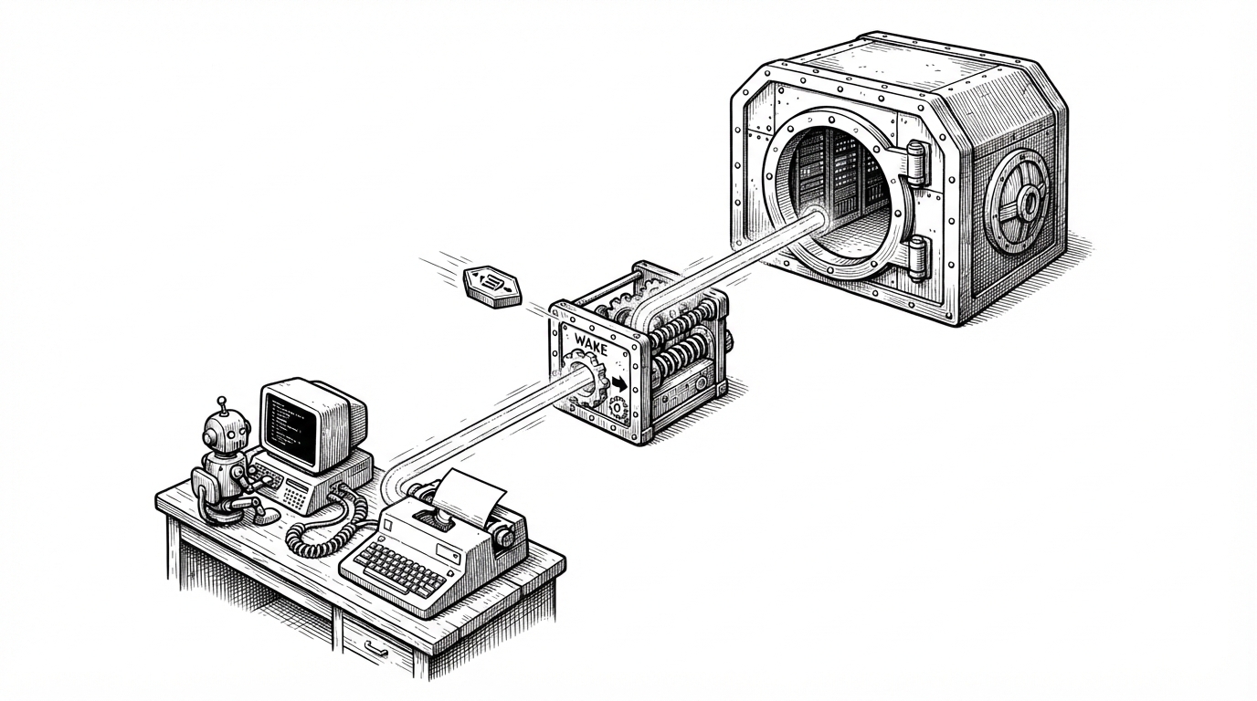 A close-up mechanical scene where a shared message wakes a small relay box, then branches into two separate engines. One engine is a cloud pod behind a controlled gate, while the other is a local daemon beside a private terminal. The image explains how Cumora separates the workspace from the model runtime so the platform can coordinate without owning the brain.
