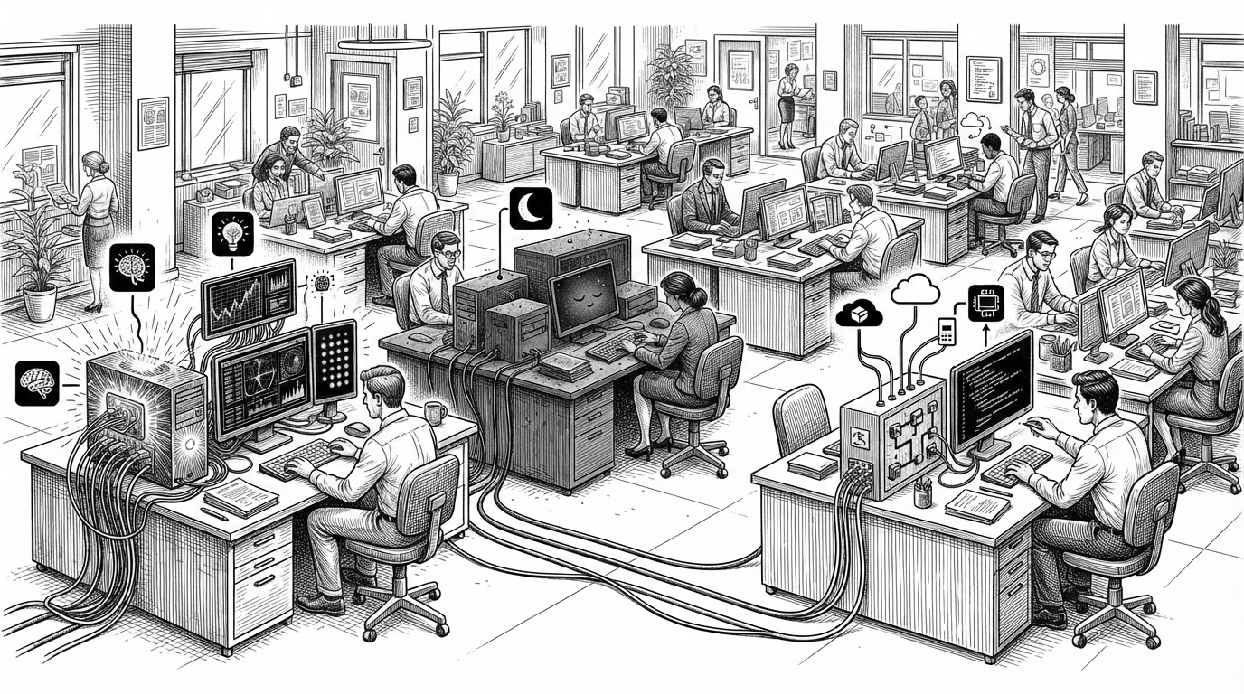 A wide office floor where human teammates and AI agents sit in the same workspace, but each agent is attached to a named computer tower. One tower glows as active while another is dimmed to show sleep, and a side panel marks cloud and local paths. The scene explains Cumora's core idea: agents are not chat bubbles, they are teammates with a place to live.
