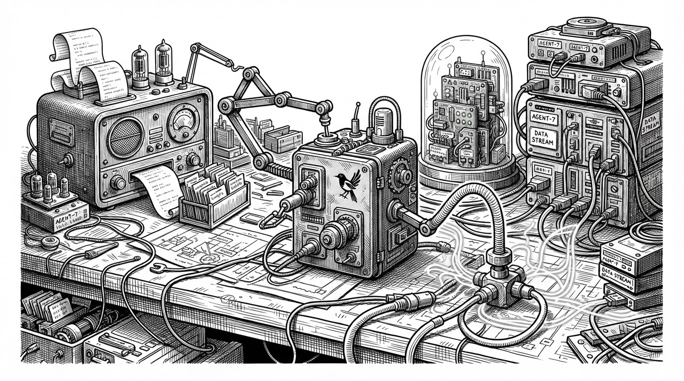 A crowded workbench of mismatched coding agents, each with its own hidden compartment, plug, and label. In the center, a compact control box reroutes cables and changes labels without disturbing the surrounding machines. The scene explains how Magpie sits between many agent tools and the models they call.
