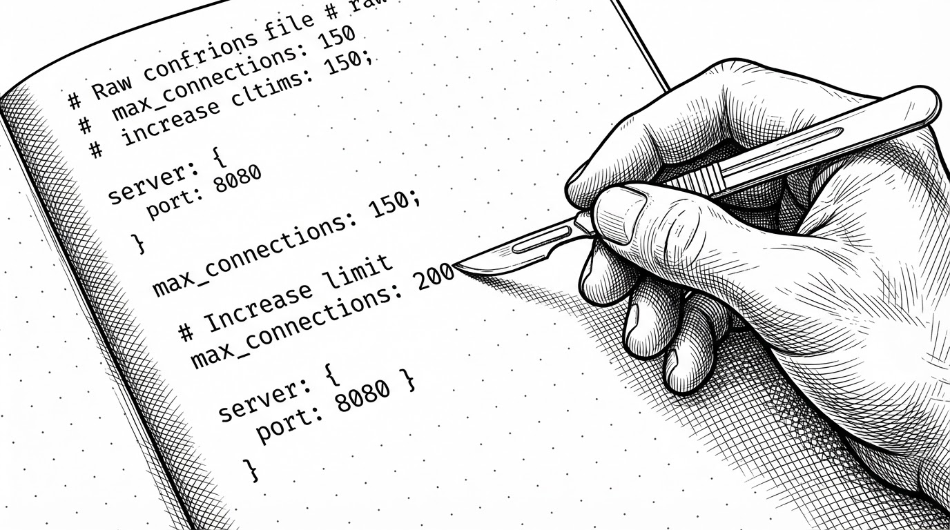 A close-up of a config file page with comments and indentation intact while a tiny surgical tool changes one field in place. One side shows the untouched surrounding structure, and the other shows a single edited value inside a precise cut. The image explains that Magpie edits only what it needs and preserves the rest of the file.