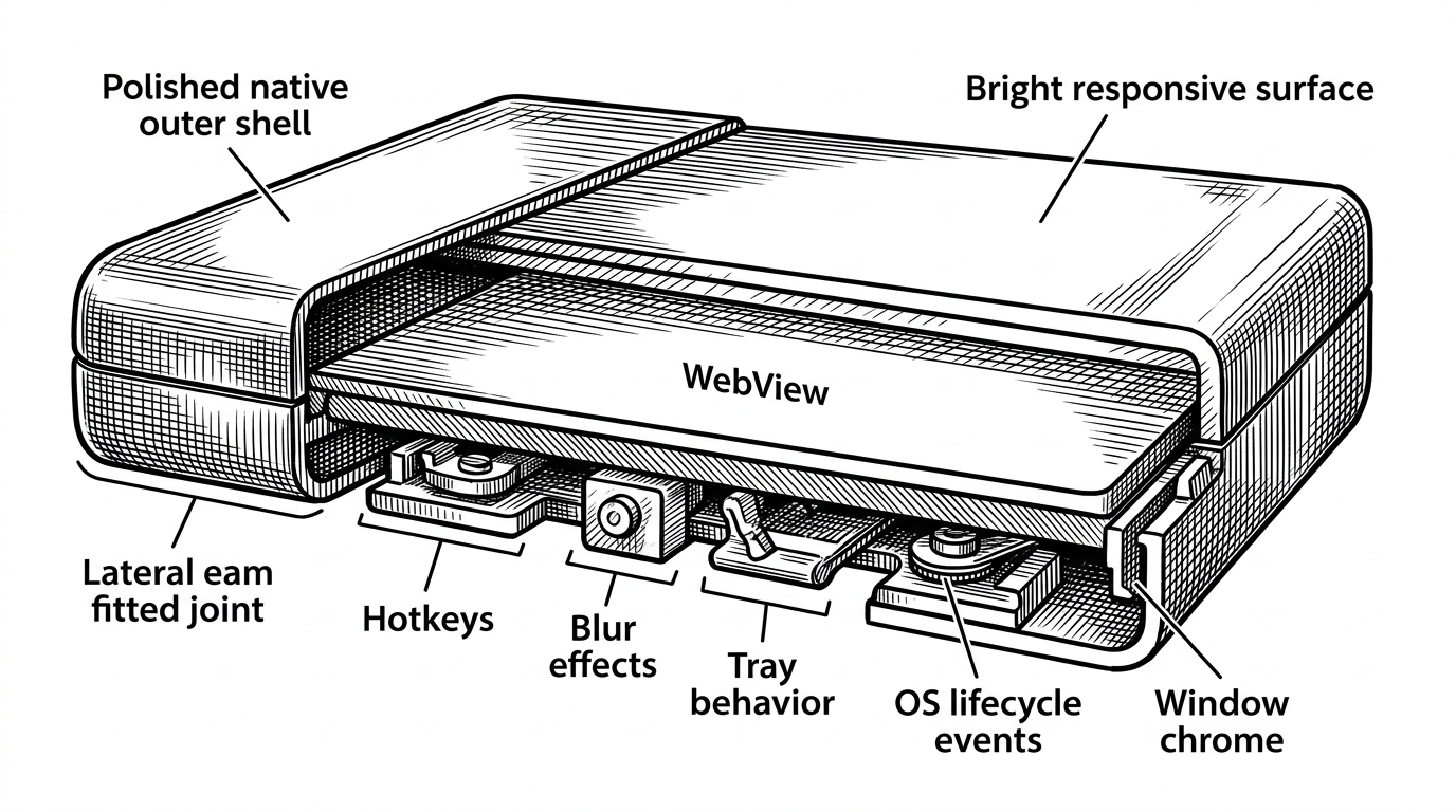 A cutaway desktop application shows a polished native outer shell wrapped around a central WebView surface. Below a sharp seam, window chrome, blur, hotkeys, and OS lifecycle behavior are handled by visible mechanical components. Above the seam, the app surface stays light and responsive, showing how the boundary determines whether a desktop app feels native or merely web-shaped.