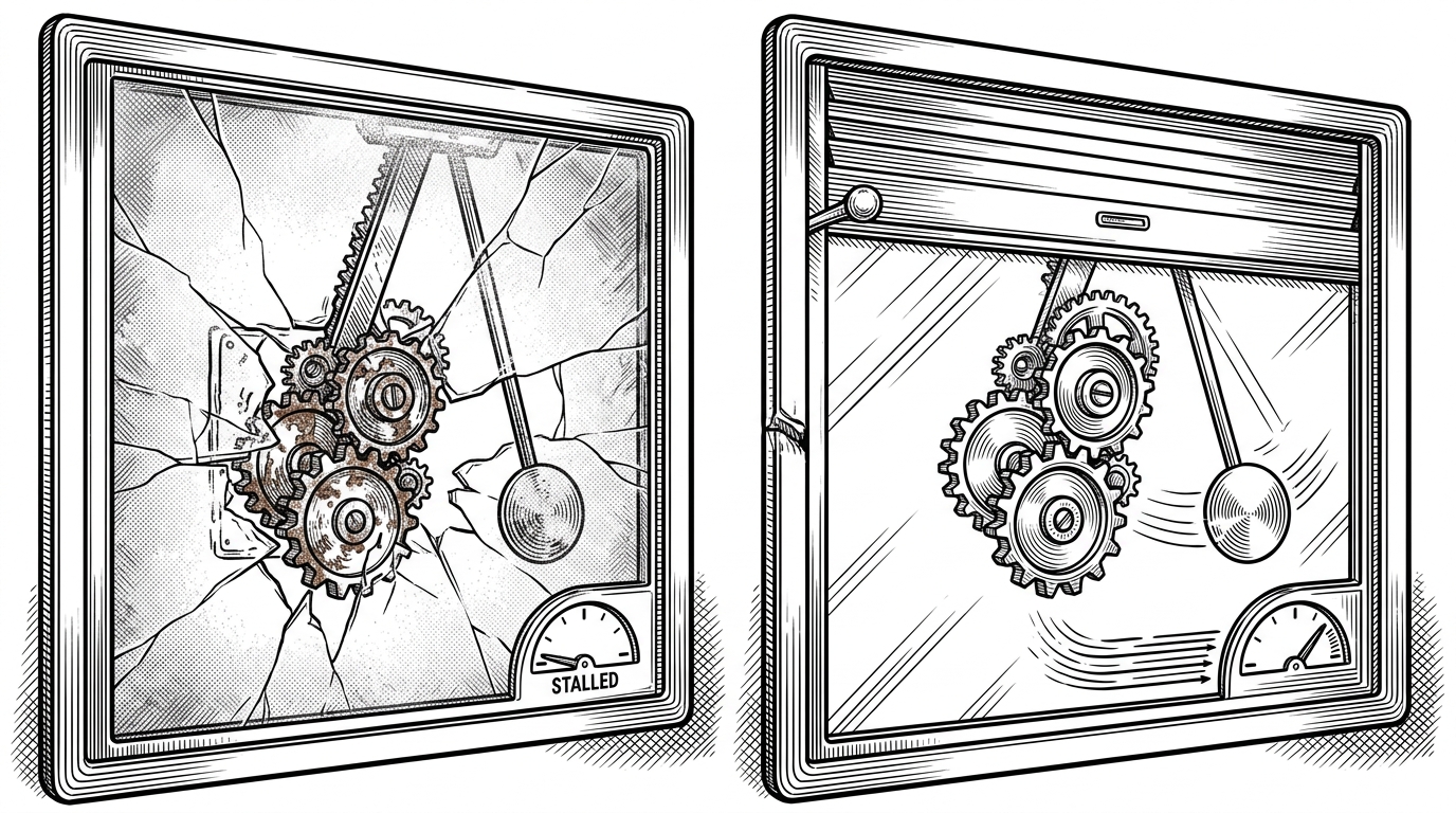A close-up technical scene shows a hidden app window that is still warm and active on one side, while the other side has been slowed to a crawl by hidden-window throttling. The image explains why invisible apps can still betray themselves through sluggish animation and delayed response, and how native control keeps the surface alive.