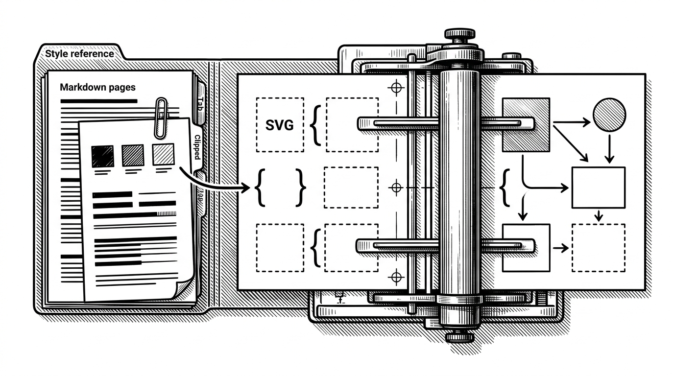 A close-up shows markdown style references feeding through template placeholders into a rendered diagram. The image explains that the repo stores visual style as reusable reference material rather than hardcoded presentation logic.