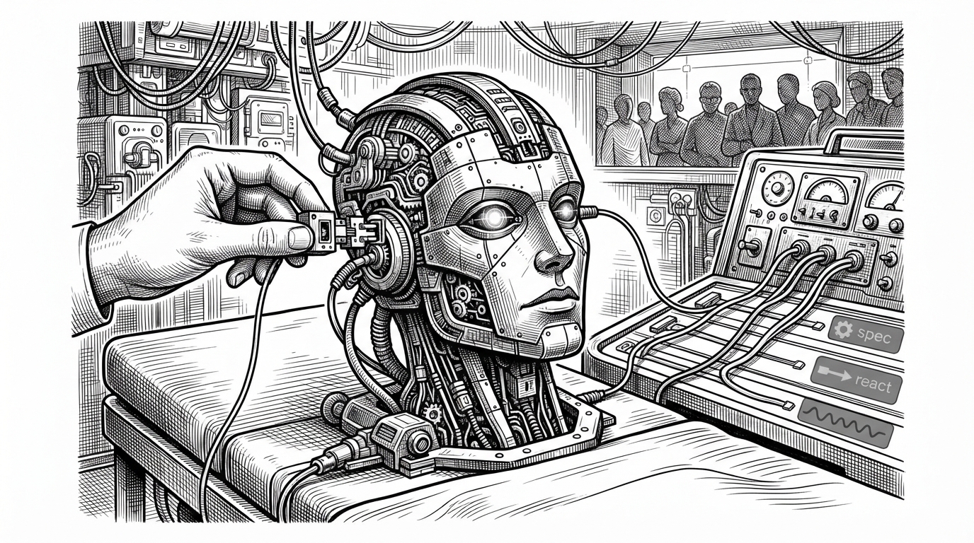 A wide editorial scene shows an AI agent at the center of a live operating table, with one hand swapping in a small injector module while a routing console sends signals into three lanes labeled spec, react, and weak. The image explains that the repo is not just a prompt pack, but a live control plane for steering behavior while the session is running.