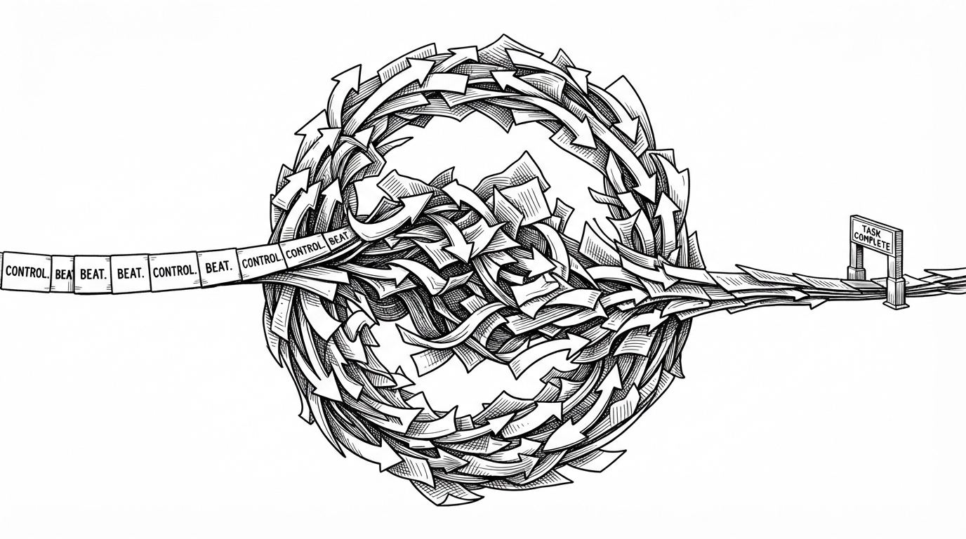 A close-up diagram-like illustration shows a looping ribbon of paper arrows and instruction cards spiraling into itself. A narrow anchor strip marked by repeated control beats interrupts the loop and redirects it toward a clean task checkpoint, explaining how near-field guidance tries to stop runaway reasoning and restore focus.