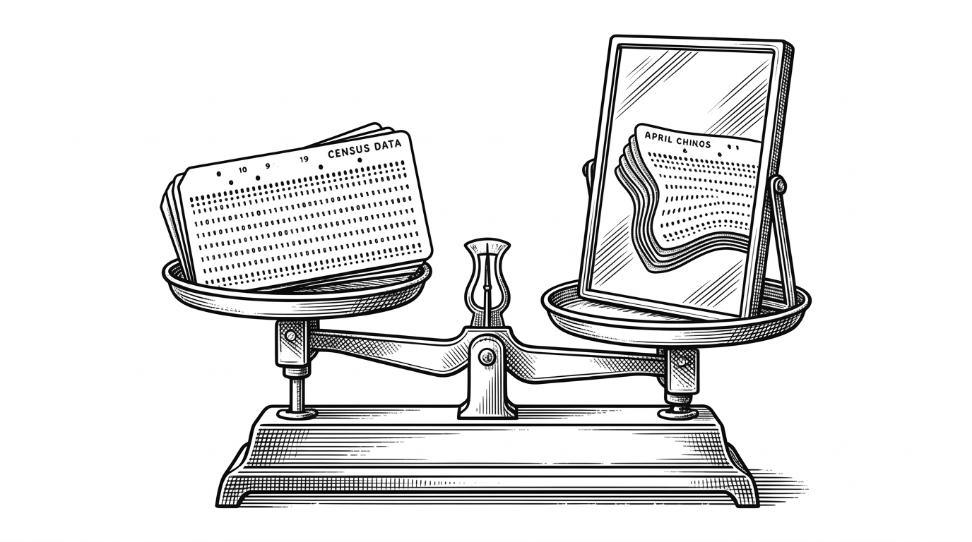 A classic metal engraving of a pristine mechanical balance scale. On one side sits a stack of raw census data punch cards. On the other side sits a mirror reflecting the punch cards back at themselves. The reflection is slightly distorted, representing the danger of regressing synthetic modeled data against itself.