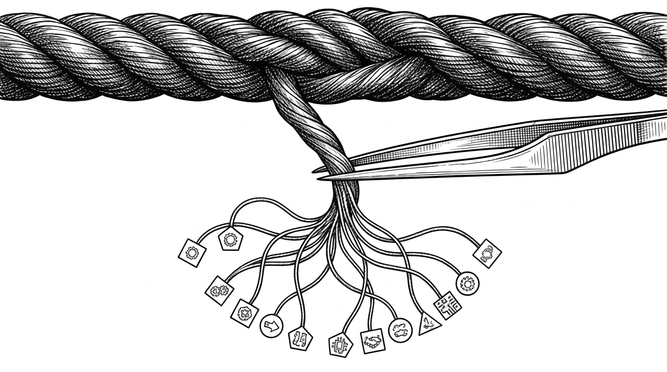 A close-up of a heavy braided rope being unwound into its constituent individual threads by a pair of precise, surgical tweezers. Each thread is labeled with a tiny, distinct geometric tag, visually representing the Oaxaca-Blinder decomposition.