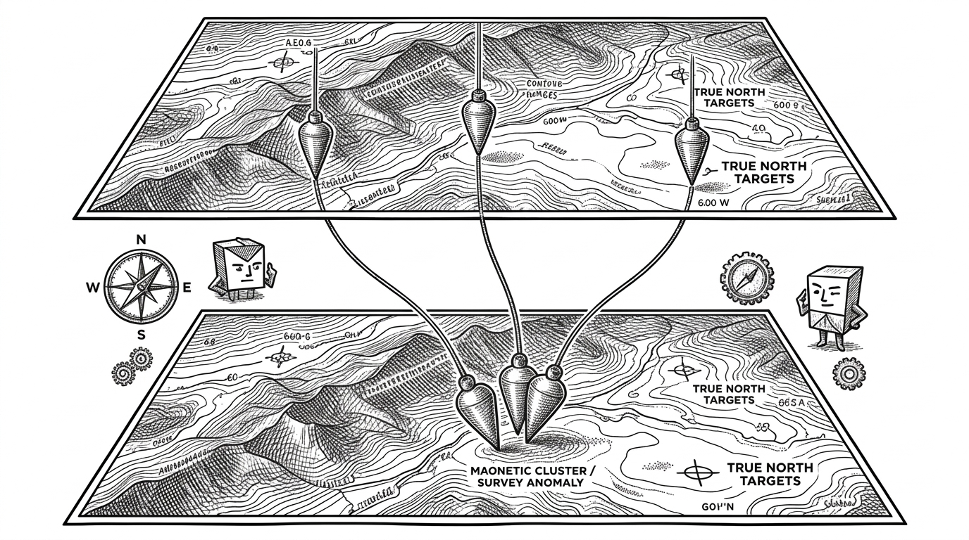 Two topographical maps stacked vertically, separated by a few inches of space. Plumb bobs drop from specific coordinates on the top map, but unseen magnetic forces bend the strings so they land clustered together on the bottom map, missing their true targets. This illustrates spatial autocorrelation.
