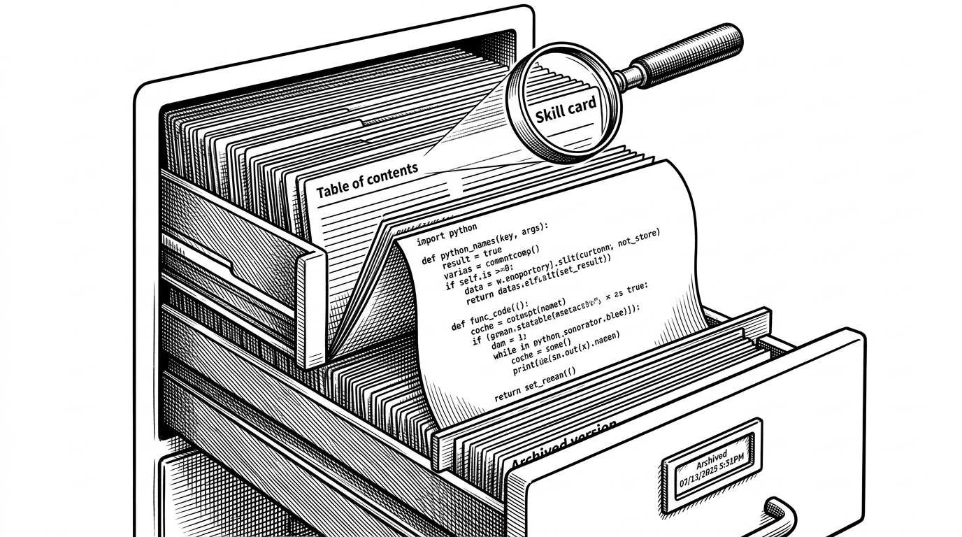A close-up of a registry drawer with three layers visible. The top layer shows a tiny table of contents, the middle layer opens a full code file, and the bottom layer preserves an older version with a timestamp label. A search lens points to the exact skill card being selected, explaining how discovery and versioning work together.