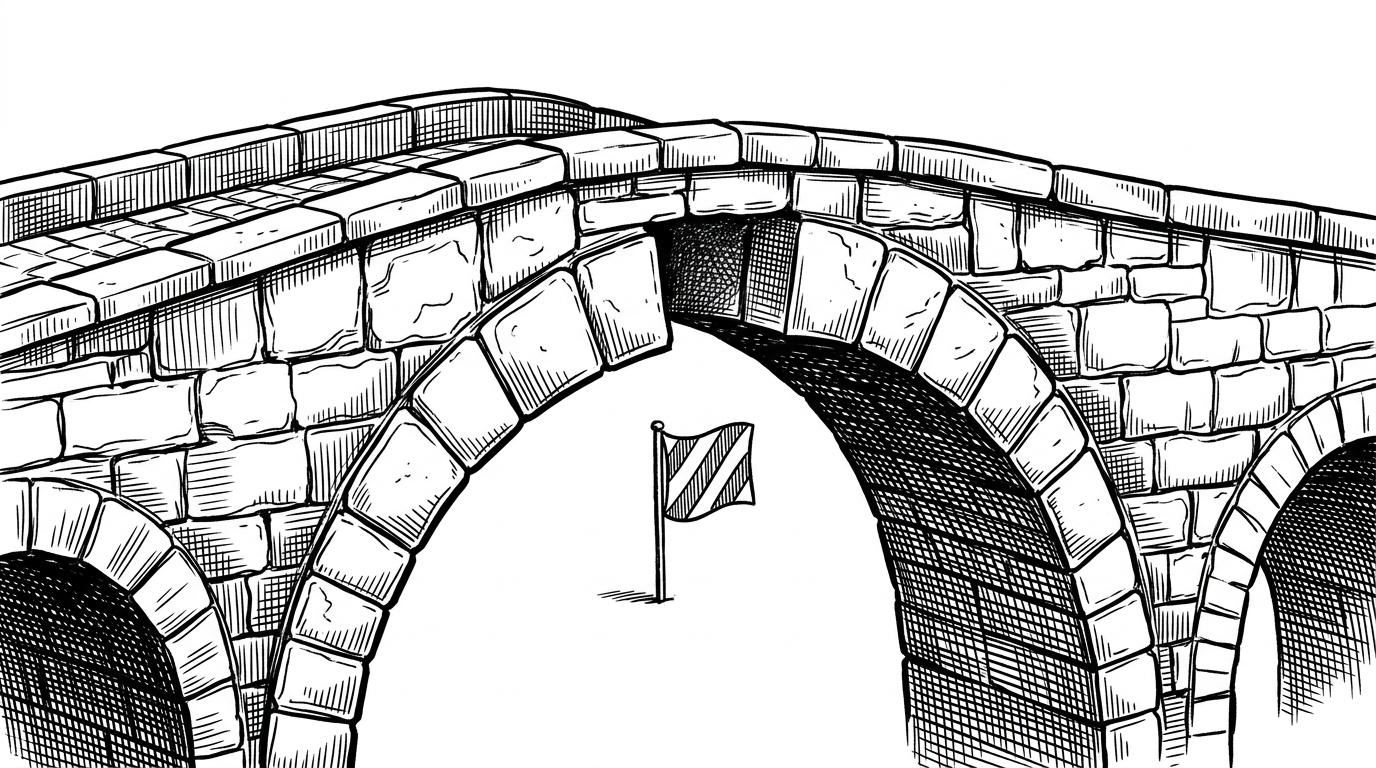 A close-up of a sturdy stone bridge with a single missing keystone block, with a small warning flag planted right before the gap. This illustrates the danger of refactoring without null-checking.