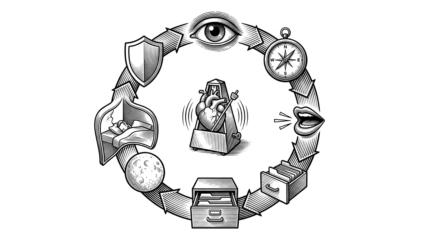A circular loop of machine-like phases orbiting a central pulse, with symbols for wake, assess, route, respond, store, dream, and repair. The scene explains that Aura keeps operating across time, including during its own sleep-like cycles.