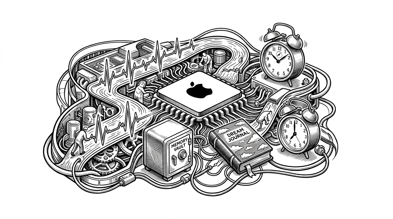 A MacBook-like machine turned into a living habitat, with a heartbeat pulse traveling through its interior like power through clockwork. A memory vault, a dream journal, and a small desk lamp sit around it as if the computer were keeping its own rhythms. The scene explains that Aura is designed as a continuous system, not a request-response wrapper.