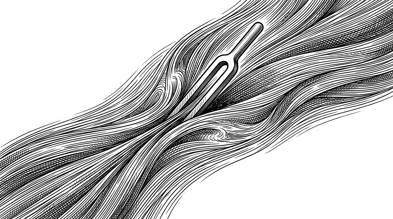 A close-up of a flowing transformer current, like a river or conveyor belt, with a single injected force vector bending the stream downstream. The image explains the difference between describing mood in text and steering computation inside the model.