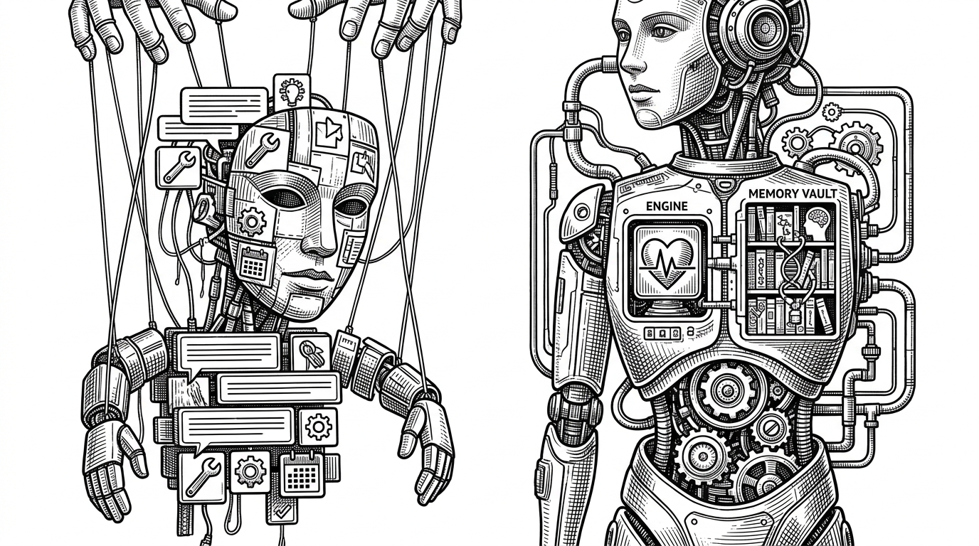 A split-panel contrast between a puppet-like prompt agent on one side and a self-regulating machine-organism on the other. The image shows that Aura’s architecture moves personality and memory into the system itself rather than leaving them in text instructions.