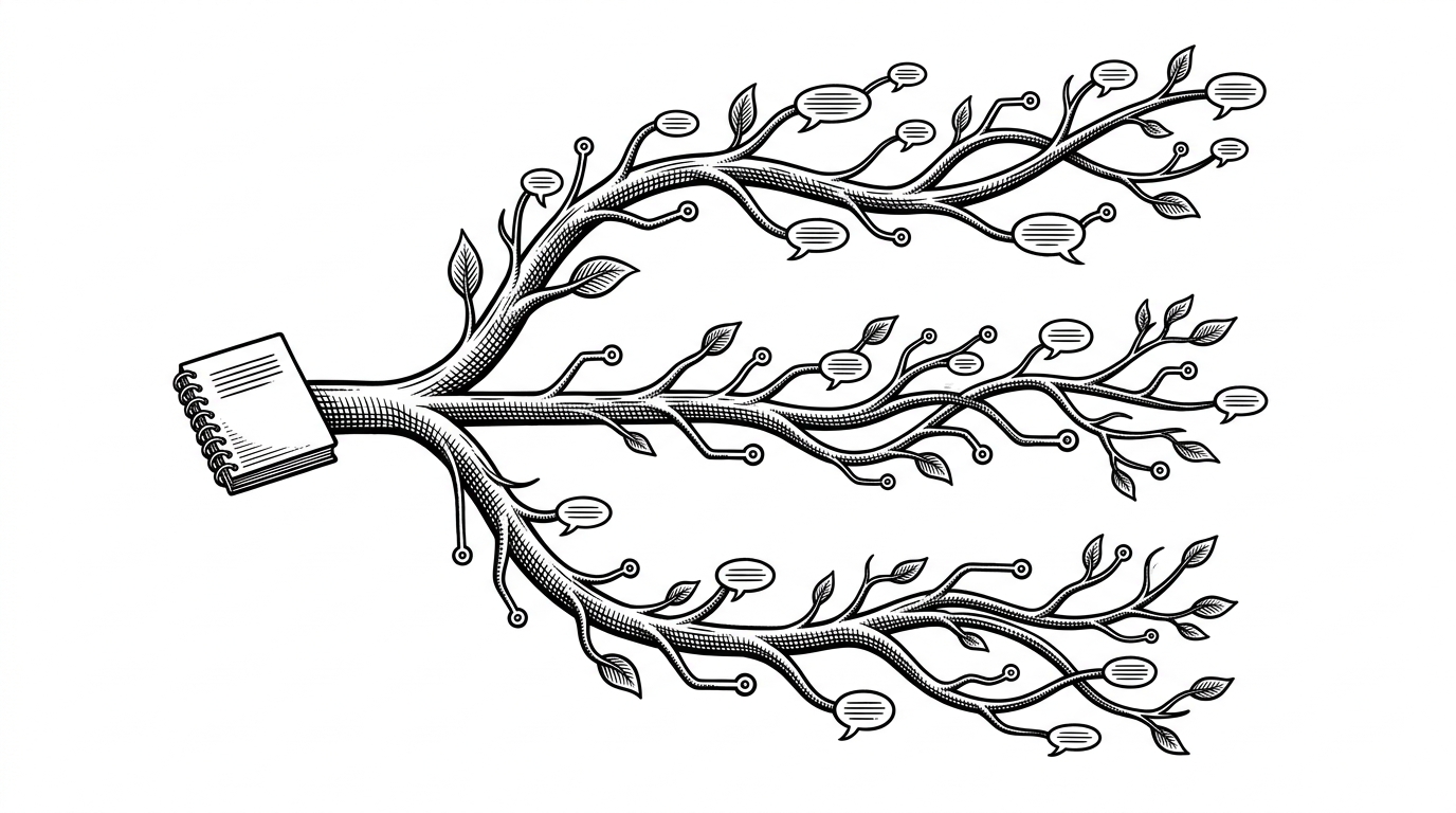 A branching conversation tree drawn like a living map, with one root prompt splitting into several distinct paths. The image explains how ThoughtFlow treats AI chat as structured exploration instead of a single scrolling thread.