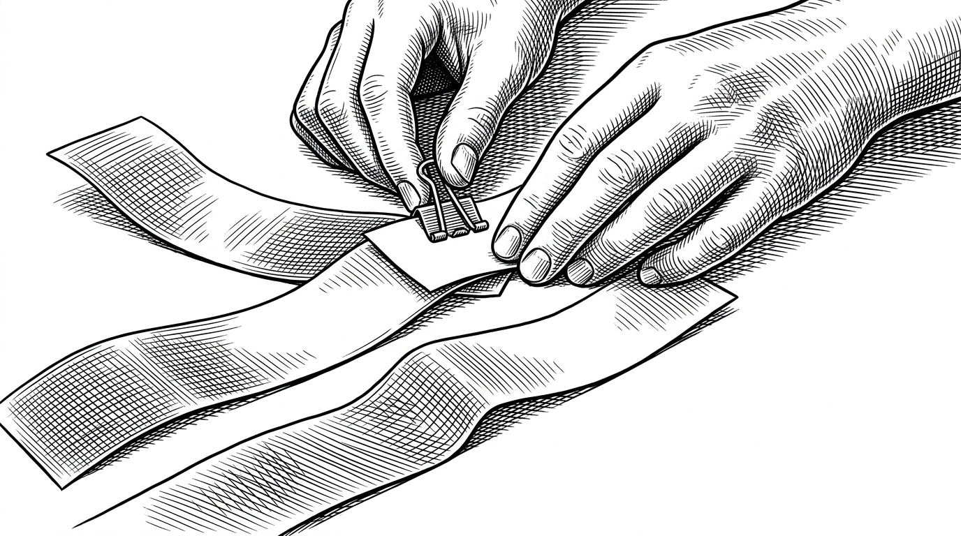 A close-up scene of a desk with three parallel strips of notes, where one branch is pinned back into the main thread. The image explains how ThoughtFlow lets users test alternatives and then rejoin the original idea without losing context.