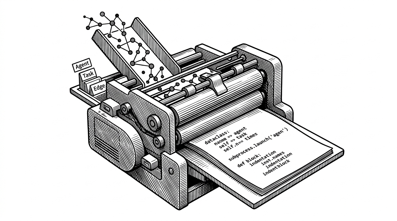 A close-up mechanical press stamps graph nodes into Python constructs. Labeled blocks enter one side, and a structured Python file emerges from the other with a visible dataclass shape and a subprocess launch command. The image explains source-to-source compilation and why task nodes can become typed Python output.
