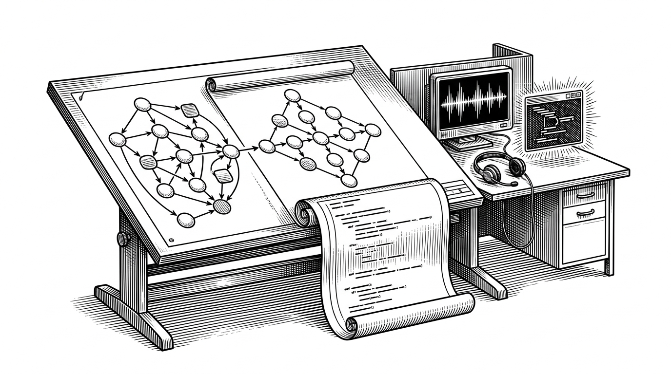 A wide editorial scene shows a node-based workflow on one side and a printed Python runtime on the other. The visual graph is being transformed into executable code, which then feeds a live voice preview booth with a headset and waveform. The image explains that the canvas is acting like a compiler, not just a drawing surface.