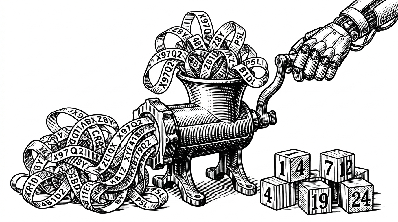 A mechanical grinder turning tangled ribbons of alphanumeric text into neat, numbered wooden blocks. This represents the id_map.json system simplifying Microsoft GUIDs.