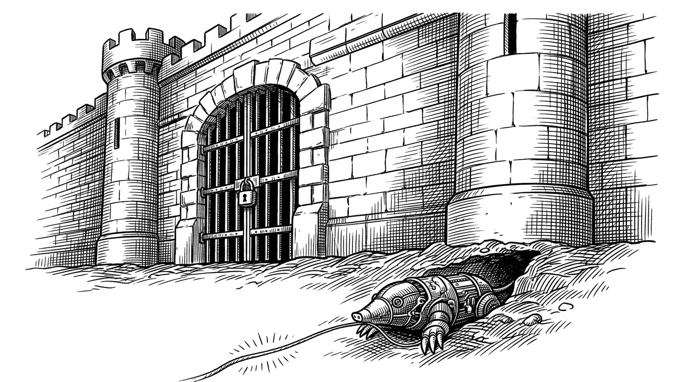 A mechanical mole tunneling under a massive stone wall, pulling a glowing thread. This represents outlook-cli bypassing Microsoft's Azure AD security barriers.