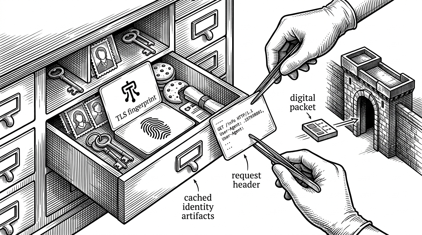 A close-up of a browser profile drawer with cached identity artifacts, TLS fingerprint markers, and a request header card being lifted away before a packet enters a gateway gatehouse. It explains how multiple weak identity signals get combined into a single trust decision.