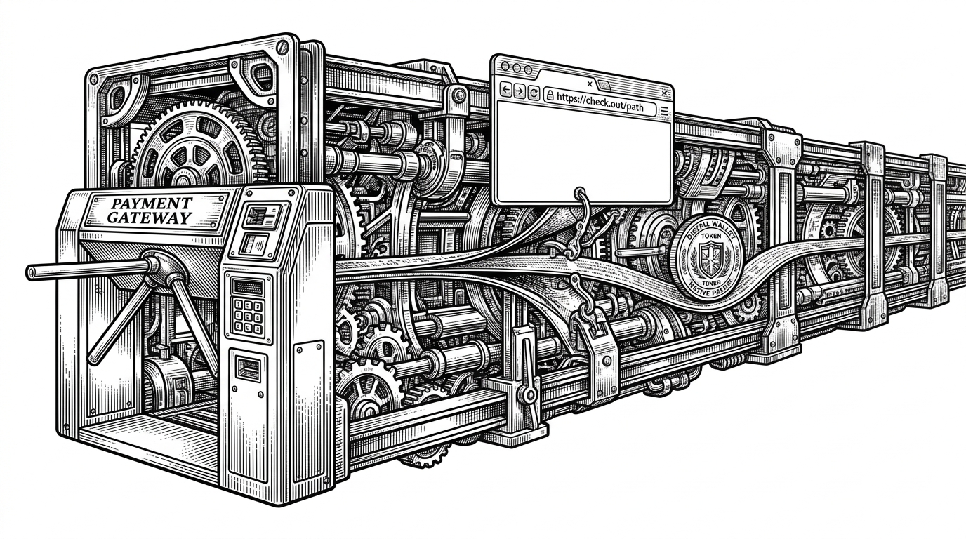 A wide editorial scene shows a polished checkout corridor on one side and a thin seam being pulled open by a browser window, a header strip, and a wallet token. It explains how a complex payment system can be undermined by a single trust assumption.