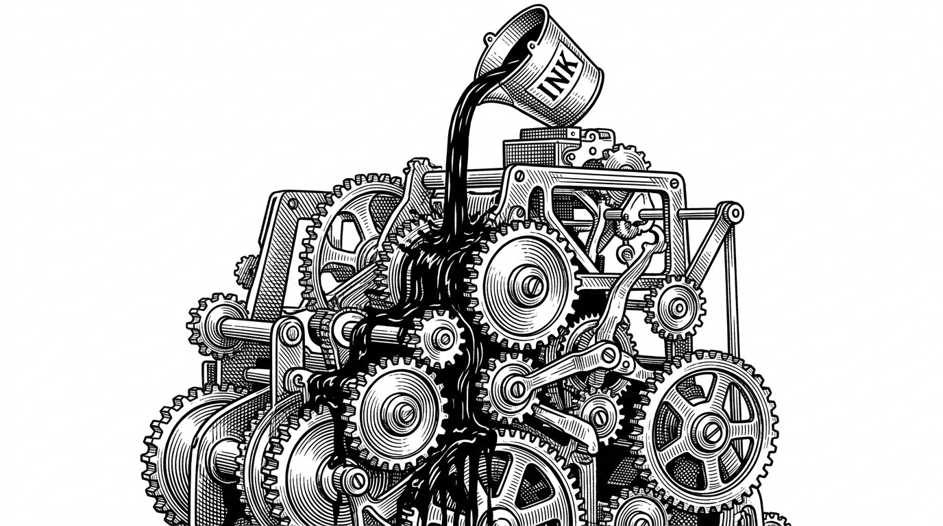 A massive clockwork machine representing a data pipeline, with ink pouring from the top and automatically coating every gear.