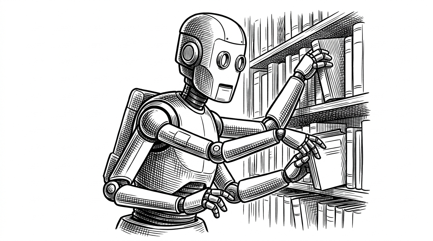 A robot librarian with multiple arms, reaching into dusty archives and instantly printing those records onto new books.