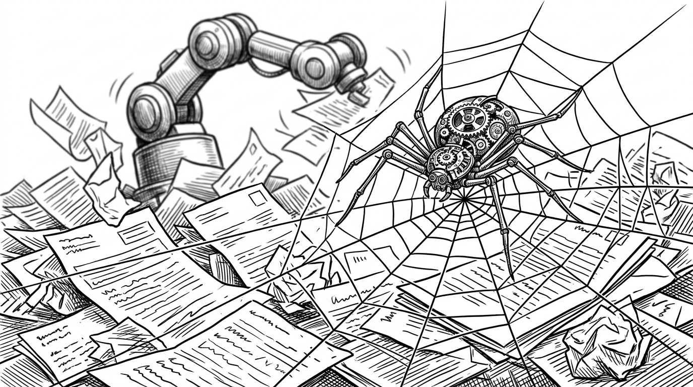 A tiny clockwork spider weaving a precise web over documents while a giant robotic arm flails in the background. This represents the small, precise GLM-OCR model outperforming massive, clumsy VLM behemoths.