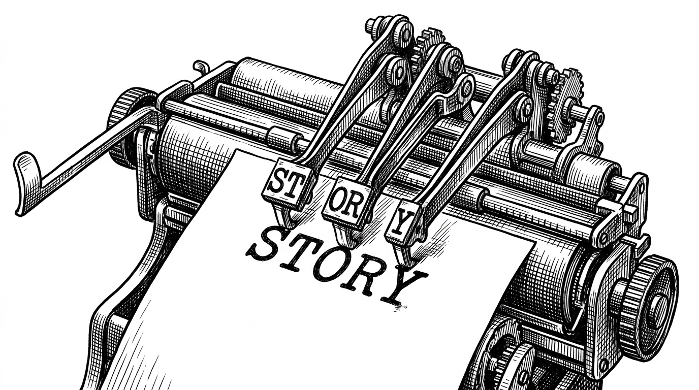 A vintage typewriter carriage striking a page with three mechanical arms simultaneously, printing an entire word at once. This illustrates the concept of Multi-Token Prediction speeding up inference.