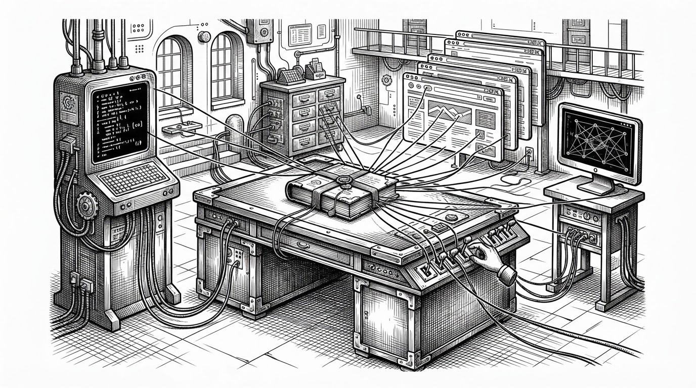 A wide editorial scene showing a brass control desk linked to a terminal tower, a browser stack, and a desktop monitor. A sealed ledger sits at the center, with thin threads running to approval switches and a drawer cabinet of skills, explaining how ZCode treats agentic coding as a governed system.